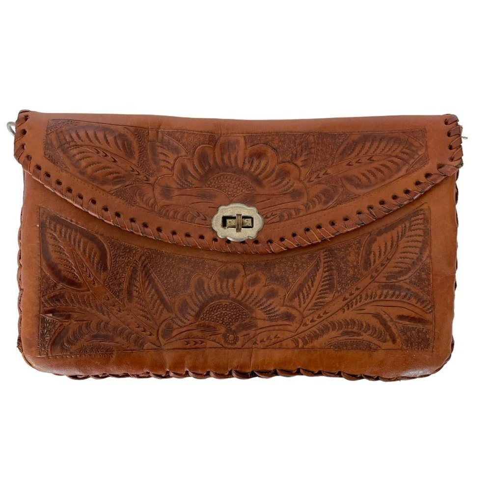 HANDMADE Unbranded Floral Leather Clutch Purse Twist Lock Brown